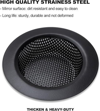 Huntonry Black Kitchen Sink Drain Strainer, Sink Drain Cover, Food Catcher, Large Wide Rim 4.5" Diameter, Stainless Steel, Pack of 2