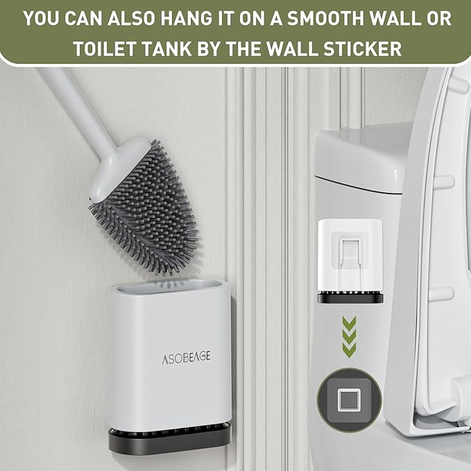 ASOBEAGE Deep Cleaner Toilet Brush: Silicone Toilet Brush with No-Slip Long Plastic Handle and Flexible Bristles, Quick Drying Holder Set for Toilet（White）