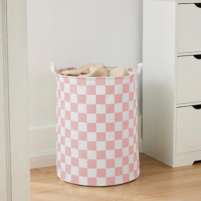 Pink Checkered Laundry Basket, Collapsible Aesthetic Cute Canvas Organizer Hamper Basket for Storage, Toy Bins, Bedroom Clothes, Children Nursery, Gift Basket