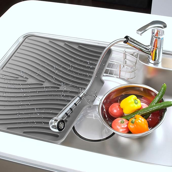 Teenyyou Extra Large Silicone Dish Drying Mat For Kitchen Counter Drying Pad 23.6 x 19 Inch Rubber Dish Drainer Mat with Drain Lip for Sink Drawer Liner(Grey)
