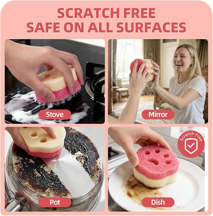 Cleangor 4pcs Scrub Sponges, Dual-Sided Temperature-Controlled Dish Sponges, Scratch-Free, Easy to Clean, Kitchen Cleaning Sponges for Tough Stains, Delicate Surfaces, Glassware, Cookware, Appliances