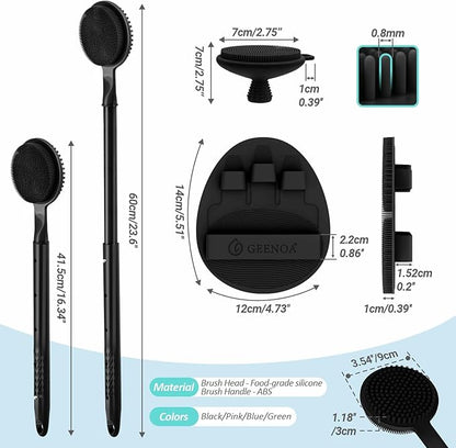 Silicone Back/Face Scrubber & Soft Bath Glove 3PCS, 16''- 24'' Extendable Shower Back Scrubber, 360° Anti-Slip & Hand-fit Silicone Bath Glove, Manual Face Brush for All-Round Cleaning(Black)