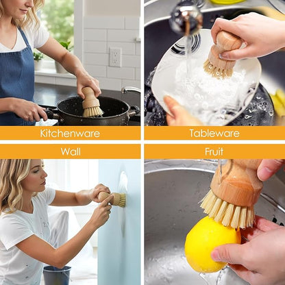 10 Pcs Bamboo Dish Scrub Brush Set, Mini Natural Wooden Scrubbers Set Round Dish Brush Vegetable Durable Scrubber Cleaning Kit for Cleaning Pot Pan Sink