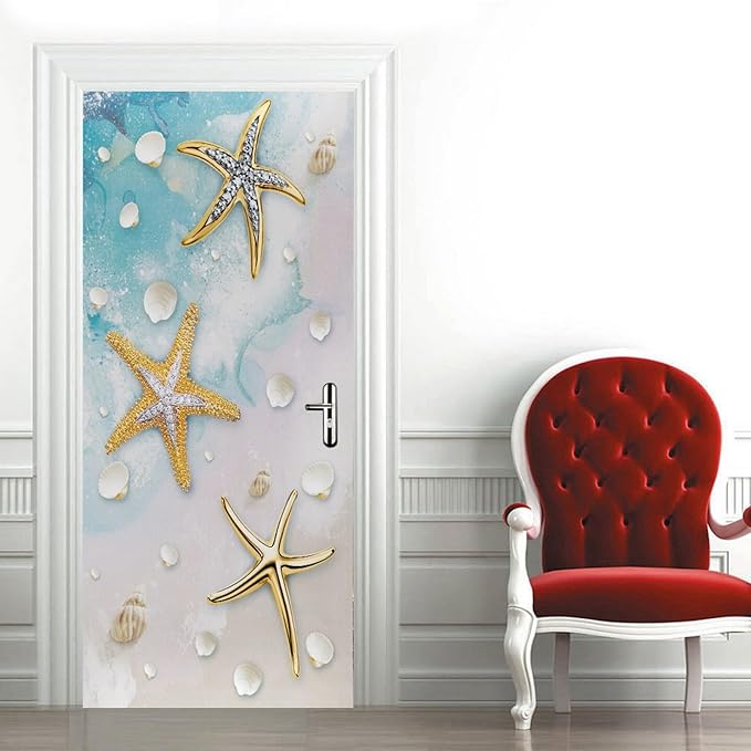 A.Monamour 3D Door Stickers for Interior Doors Nautical Pattern with Starfish Shells on Sandy Beach Vinyl Waterproof Self Adhesive Door Mural Decals for Bedroom Office Bathroom 95x215cm