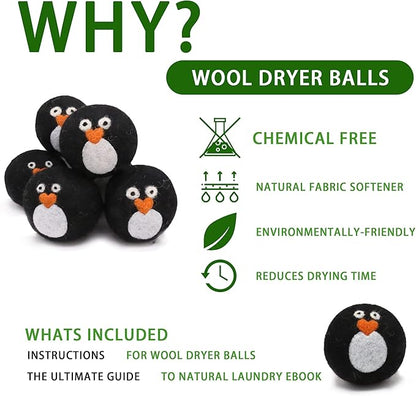Pack of 6 Wool Dryer Balls, Muulaii Reusable Fabric Softener, Extra Large, Black Penguin