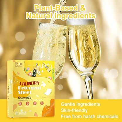 YUCO Travel Laundry Detergent Sheets 80 Loads Eco Friendly Washer Sheets, Liquidless Detergent Sheet No Plastic Jug Concentrated Laundry Detergent Hypoallergenic, Champagne Scent