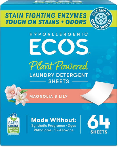 ECOS Laundry Detergent Sheets Vegan, No Plastic Jug, No Mess, Liquid Free - Hypoallergenic, Plant Powered Laundry Detergent Sheet - Magnolia & Lily - 64 Count (Pack of 1)