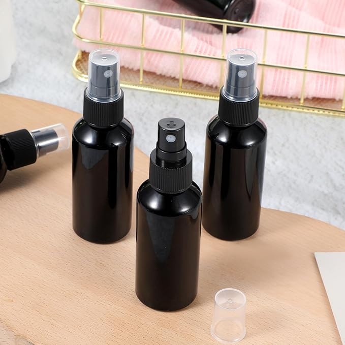 100 Pcs 2oz Black Spray Bottles, Fine Mist Refillable Travel Size Plastic Spritzers - Leak Proof Mini Mister for Cleaning, Hair, Essential Oils & Perfume