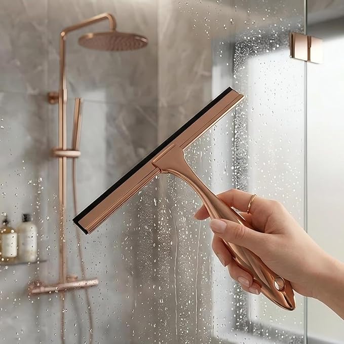 9.6 Inches All-Purpose Silicone Squeegee for Shower Doors with Adhesive Hook. Window Shower Cleaner Tool Suitable for Shower Glass Doors, Bathroom, Window and Car Glass.Rose Gold