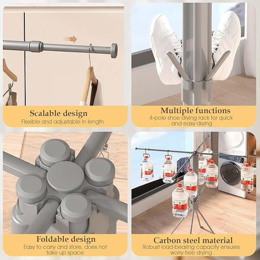 cjc Foldable Clothes Drying Rack, Drying Rack Clothing,Collapsible Drying Racks for Laundry Used for Indoor, Outdoor, 4 Retractable Drying Rods + 4 Shoe Racks/Grey