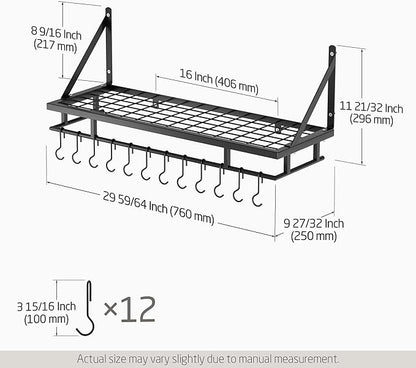 KES 30-Inch Kitchen Pan Pot Rack Wall Mounted Hanging Storage Organizer Wall Shelf with Hooks Matte Black, KUR215S75A-BK