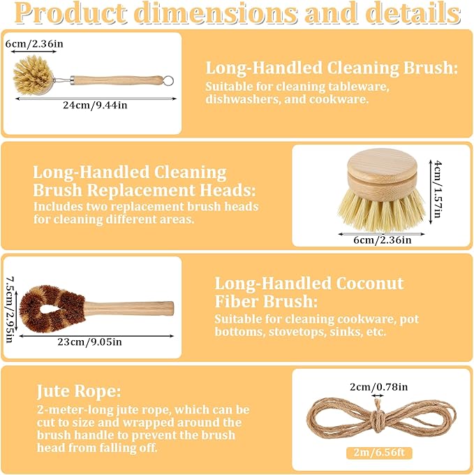 9 Pcs Bamboo Dish Brush Set Wooden Dish Brush with Sisal and Palm Fiber Natural Wooden Kitchen Brushs Practical Dishs Cleaning Brushs Sets for Pots Pans Bottle Sink Vegetables Household Cleaning