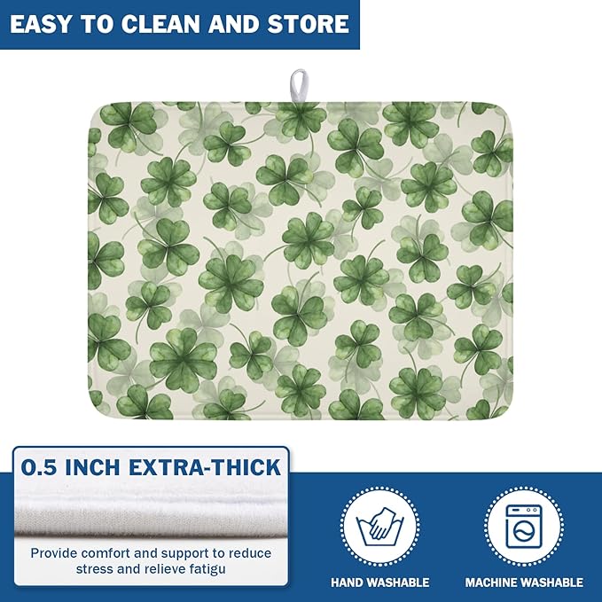 St Patrick's Day Green Clover Dish Drying Mat for Kitchen Counter Spring Holiday Watercolor Lucky Shamrock Drying Mat 18x24 Inch Absorbent Dish Drainer Mat Kitchen Accessories