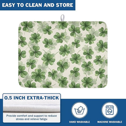 St Patrick's Day Green Clover Dish Drying Mat for Kitchen Counter Spring Holiday Watercolor Lucky Shamrock Drying Mat 18x24 Inch Absorbent Dish Drainer Mat Kitchen Accessories