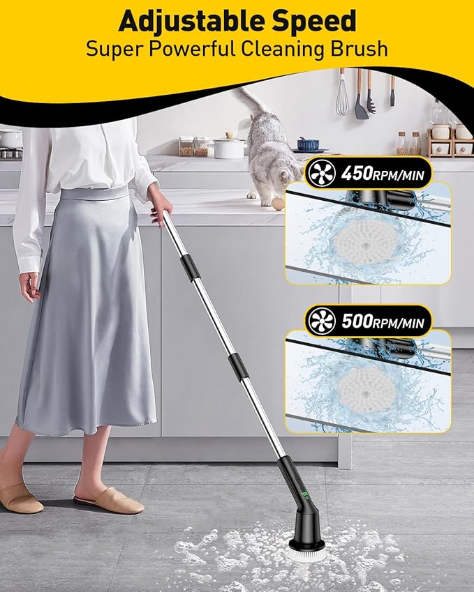 Electric Spin Scrubber for Cleaning Bathroom, Shower Scrubber Rotary Floor Brushes with IPX7 Waterproof & 2 Speed, 3 Brush Heads, Bathroom Cleaning Supplies for Toilet Shower Tub Black