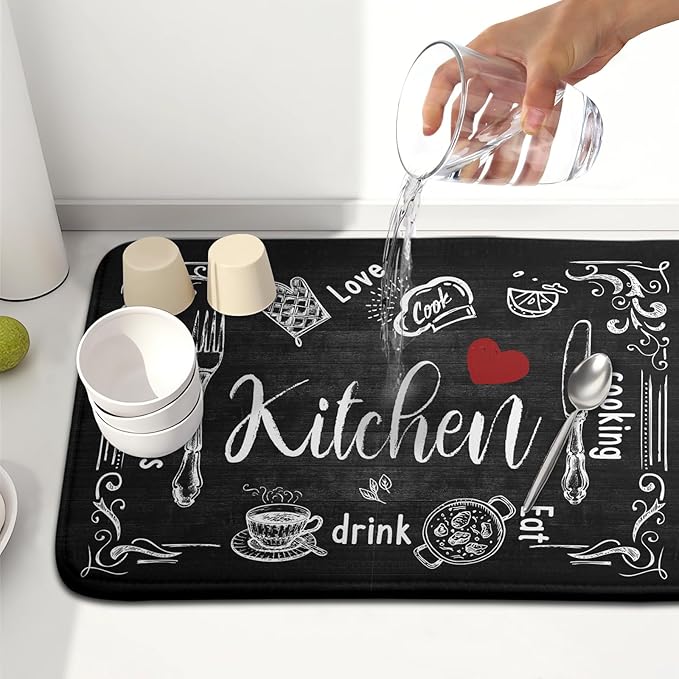 Dish Drying Mats for Kitchen Counter 16 x 18 Inch, Kitchen Drying Mat,Black Coffee Bar Dishes Pad Dish Drainer Rack Mats Absorbent Fast Dry Kitchen Accessories