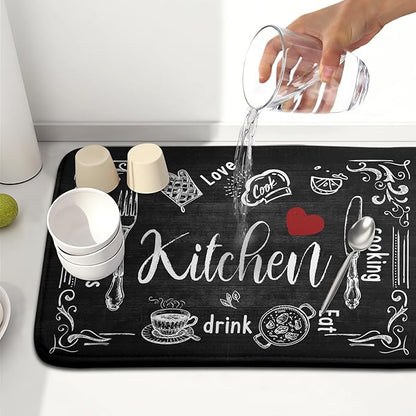 Dish Drying Mats for Kitchen Counter 16 x 18 Inch, Kitchen Drying Mat,Black Coffee Bar Dishes Pad Dish Drainer Rack Mats Absorbent Fast Dry Kitchen Accessories