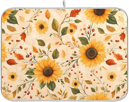 Watercolor Sunflowers Autumn Leaves Dish Drying Mat for Kitchen Counter Absorbent Microfiber Drying Pad, Medium 16x18 in