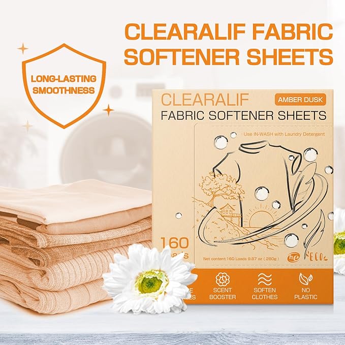 CLEARALIF laundry Fabric Softener Sheets, AMBER DUSK Scent, 160 Loads, Eco Friendly, Great For Travel, Apartments, Dorms.