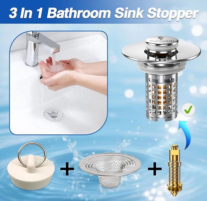 Sink Stopper Hair Catcher(New-2pcs), Pop-up Sink Drain Strainer with Removable Stainless Steel Strainer Basket Hair Catcher, Bathroom Sink Strainer for Bathroom Sink Stopper Replacement