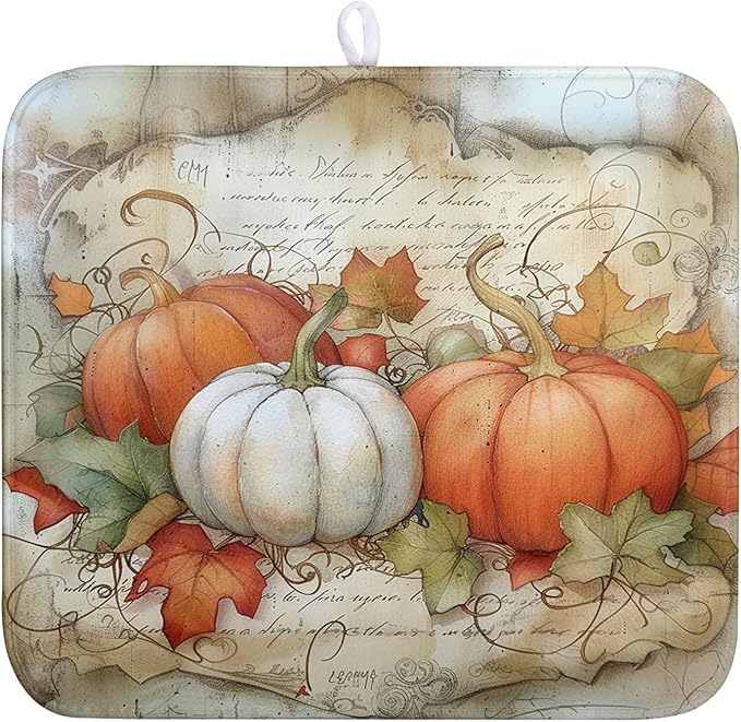 Fall Pumpkin Maple Leaf Dish Drying Mat for Kitchen Counter 16x18 Inch Vintage Autumn Leaves Thanksgiving Drying Mat Seasonal Ultra Absorbent Dish Drainer Rack Mats for Coffee Bar Kitchen