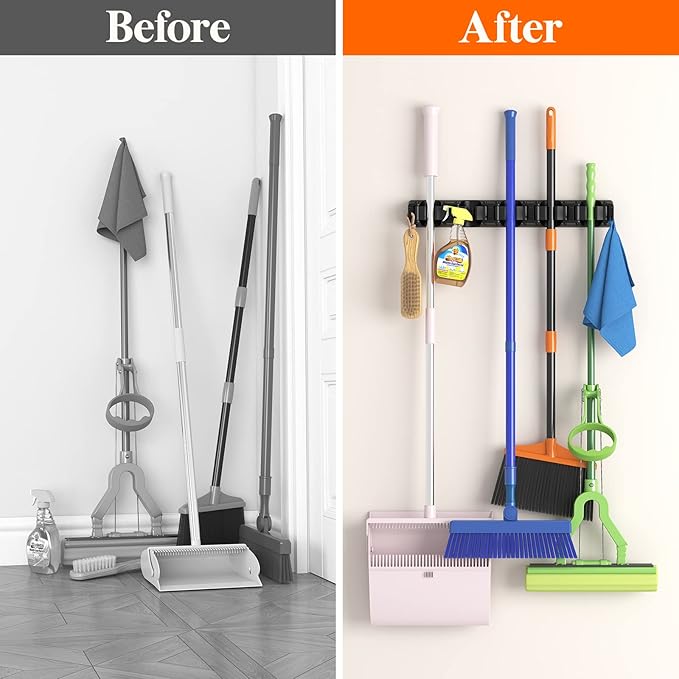 Lifewit Mop and Broom Holder Wall Mount, Anti-Slip Broom Hanger for Cleaning Supplies Organizer, Easy Install Tool Hanging Rack for Closet, Kitchen, Garage, 5 Slot 6 Hooks, Hold 30lbs, Black, 1 Pack