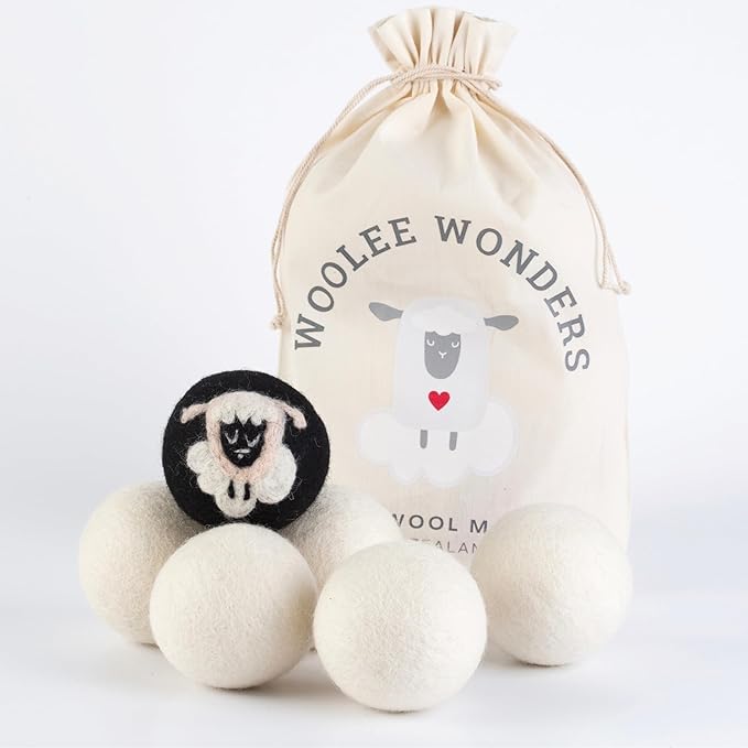 6-Pack XL Organic Wool Dryer Balls - 100% New Zealand Wool, Reuse for 1000 Loads, Fair Trade, Handmade in Nepal, Dryer Balls Laundry Reusable, Black Sheep Dryer Balls, Mesh Laundry Bag