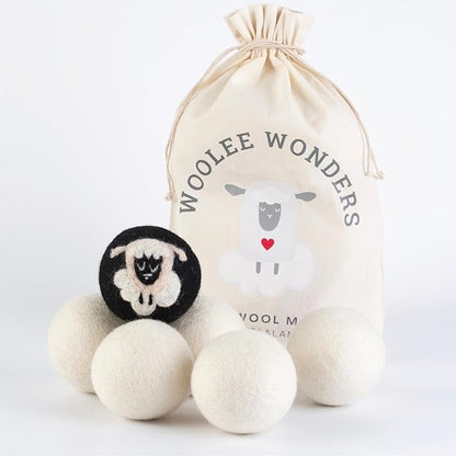 6-Pack XL Organic Wool Dryer Balls - 100% New Zealand Wool, Reuse for 1000 Loads, Fair Trade, Handmade in Nepal, Dryer Balls Laundry Reusable, Black Sheep Dryer Balls, Mesh Laundry Bag