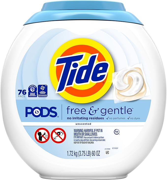 Tide PODS Free & Gentle laundry detergent, 76 ct, Trusted, gentle laundry detergent pods, 100% free of irritating residues: no added dyes and perfumes