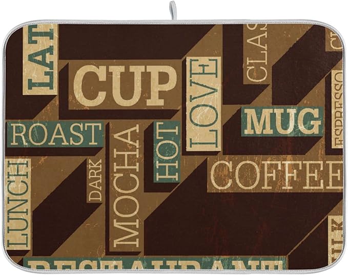 Super Absorbent Dish Drying Mat, Microfiber Fast-Drying Dish Mat, 24" x 18", Kitchen Dish Drying Pad, Coffee Themed Seamless Retro