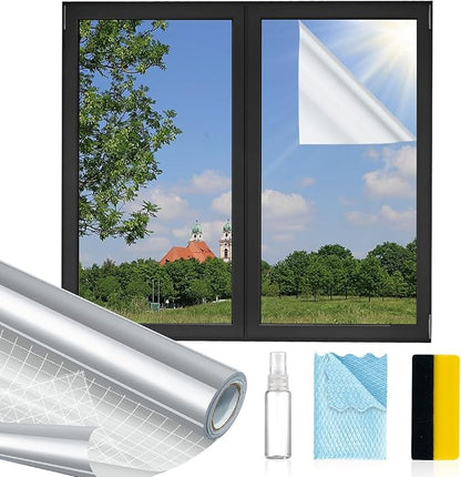 Window Privacy Film One Way, Reflective Mirror Window Film Daytime Privacy, UV Sun Blocking Heat Control Static Cling, Window Tint for Home Office - 29.5 Inch X 13.1 Feet