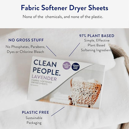 The Clean People Fabric Softener Sheets - Dryer Sheets - Softens & Removes Static - Vegan Laundry Softener With Essential Oils - Lavender, 120 Pack