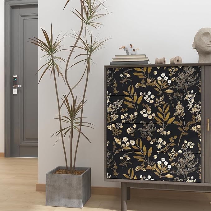 Laatse Gothic Wallpaper Peel and Stick Dark Floral Wallpaper 17.5in x 78.7in Vintage Leaf Contact Paper Vinyl Waterproof Self Adhesive Boho Botanical Wall Paper for Bedroom Cabinet Décor