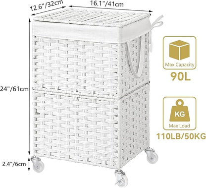 Chrislley 90L Slim Laundry Hamper with Wheels, Rolling Laundry Basket with Lid and Renovable Liner Bag, Handwoven Rattan Organizer for bedroom, bathroom, laundry room (White)