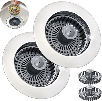 Kitchen Sink Stopper, 3 in 1 Pop Up Kitchen Sink Drain Strainer, with an Extra Basket Strainer, Sink Drain Stopper for US Standard 3-1/2 Inch, Brass Material Electroplate (Silver 2pcs)