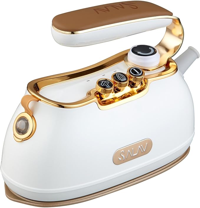 SALAV IS-900A Retro Handheld Garment Steamer + Iron, Ceramic Steam Plate, 1000 watts of Steam, Removes Wrinkles on Clothes (Steamer and Iron + Fabric Shaver and Lint Roller, Pearl)