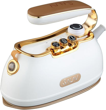 SALAV IS-900A Retro Handheld Garment Steamer + Iron, Ceramic Steam Plate, 1000 watts of Steam, Removes Wrinkles on Clothes (Steamer and Iron + Fabric Shaver and Lint Roller, Pearl)