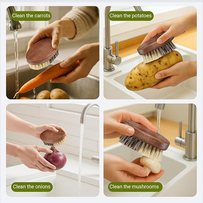 Fruit & Vegetable Cleaning Brush with Acacia Wooden Handle, Dual Bristle Produce Scrubber with Sisal and Palm Fibers, Oval Easy-Grip Design, Single Brush with Box,Brown