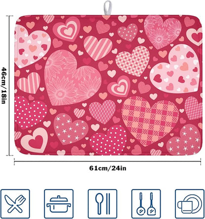 Valentine's Day Dish Drying Mat 18 x 24 Inch Heart Shaped Pattern Dish Drying Pad Absorbent Microfiber Mats for Red Dish Rack Pad for Kitchen Counter Coffee Bar Decor