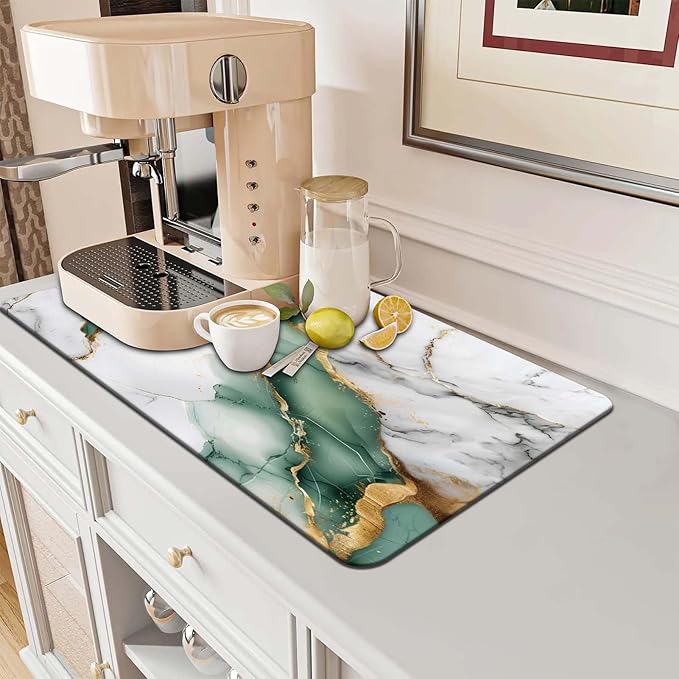 MCALK Marble Green Dish Drying Mat for Kitchen Counter, Luxurious Marble Texture Dish Drying Pad with Anti-Slip Rubber Base, Absorbent Kitchen Sink Mat with Modern Art Decor (1 pc 18" x 16")