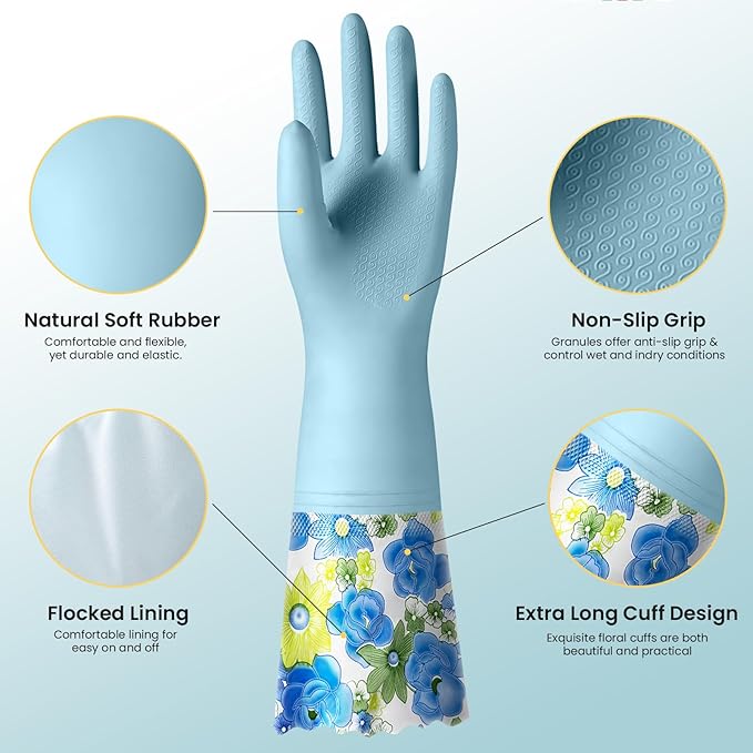 KAQ 3 Pairs Rubber Cleaning Gloves, Reusable Dishwashing Gloves for Kitchen with Cotton Liner, Long Cuff 16", Waterproof Non-Slip Household Gloves for Bleaching Bathroom, Laundry, Gardening (Large)