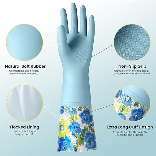 KAQ 3 Pairs Rubber Cleaning Gloves, Reusable Dishwashing Gloves for Kitchen with Cotton Liner, Long Cuff 16", Waterproof Non-Slip Household Gloves for Bleaching Bathroom, Laundry, Gardening (Large)
