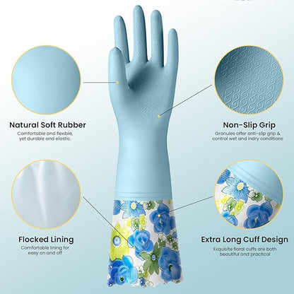 KAQ 3 Pairs Dishwashing Cleaning Gloves, Reusable Long Rubber Gloves with Cotton Lining, Latex Free Dish Washing Gloves, Water Resistant Household Glove for Kitchen Bathroom(Medium)