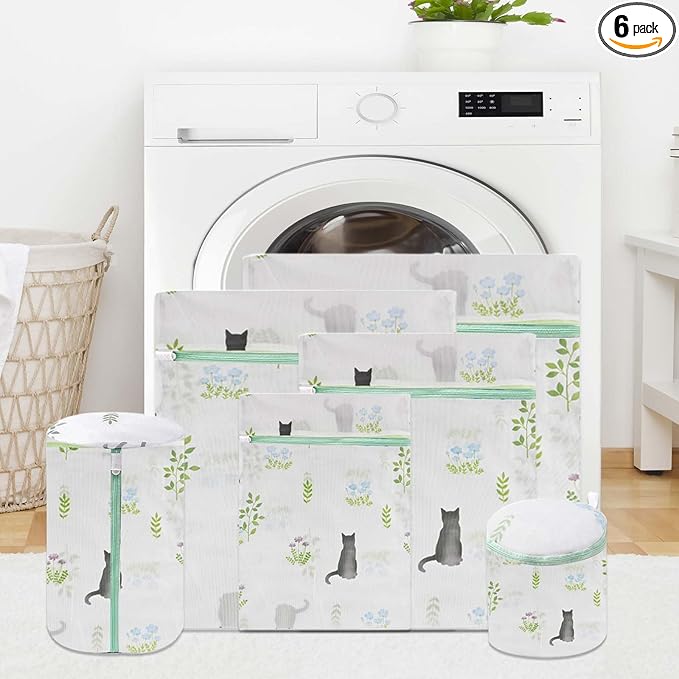 6-Pack Mesh Laundry Bag, Durable Polyester Washing Bags for Delicates, 6 Sizes (XL/L/M/S/Cylindrical/Bra), Protect Blouses Hosiery Baby Clothes, Secure Zipper (Mr. Cat)