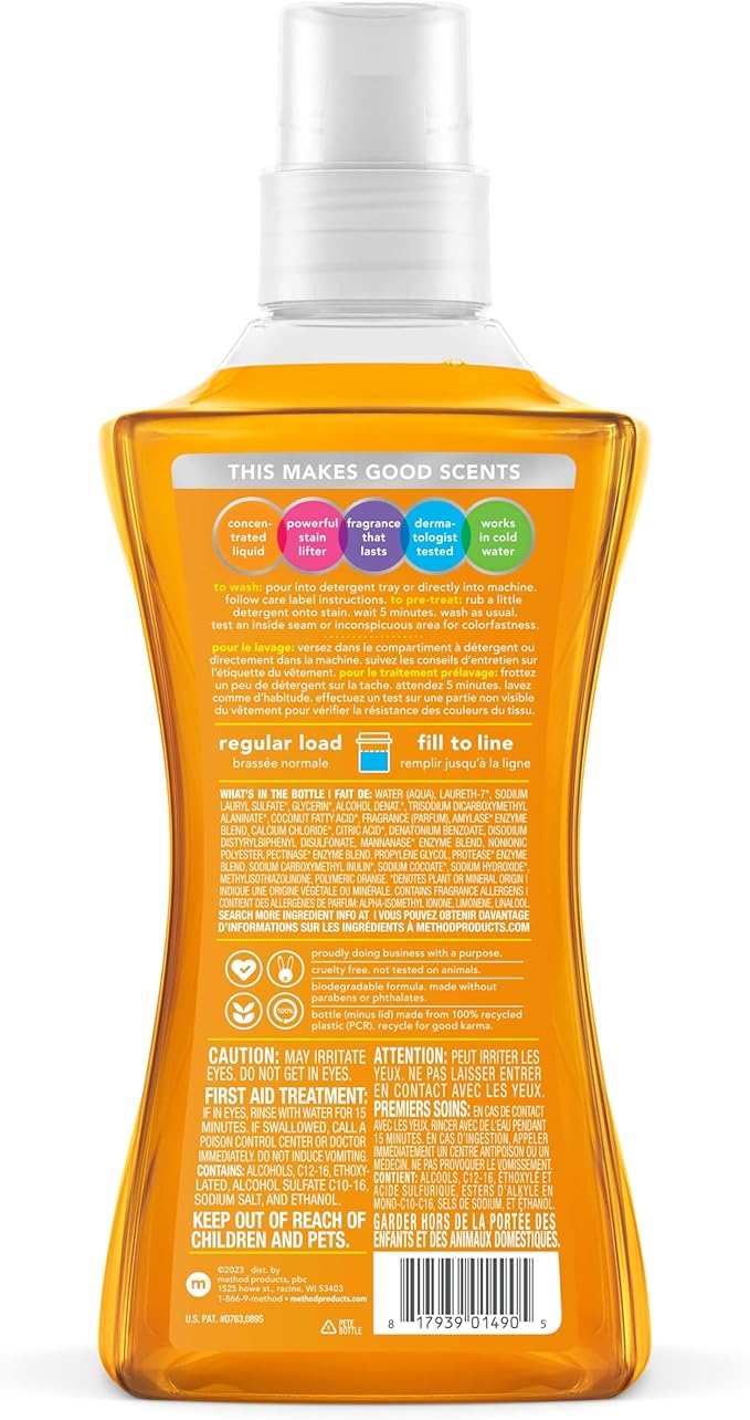 Method Liquid Laundry Detergent, Ginger Mango, 66 Loads Per Bottle, Hypoallergenic + Stain Remover, 53.5 Fl Oz (Pack of 2)