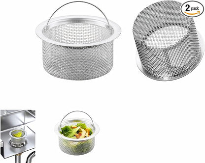 3" Kitchen Sink Strainer, 2-Pack Fine Mesh Basket - Catches Food Waste, Hair & Prevents Clogs, Rust-Proof Stainless Steel, Fits Standard Drain