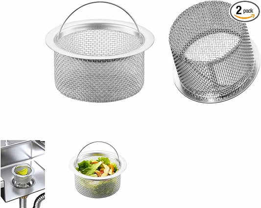 3" Kitchen Sink Strainer, 2-Pack Fine Mesh Basket - Catches Food Waste, Hair & Prevents Clogs, Rust-Proof Stainless Steel, Fits Standard Drain