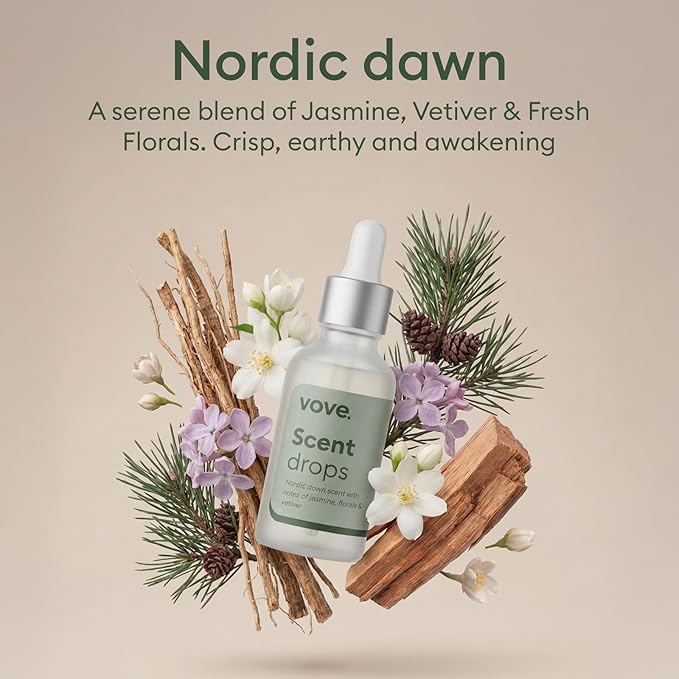 Vove Nordic Dawn Scent Drops, Jasmine Florals Vetiver - Laundry Fragrance Oil with Glass Dropper, Scent Booster, Pairs with Dryer Balls, Hypoallergenic, Biodegradable Musk, FSC-Certified Packaging