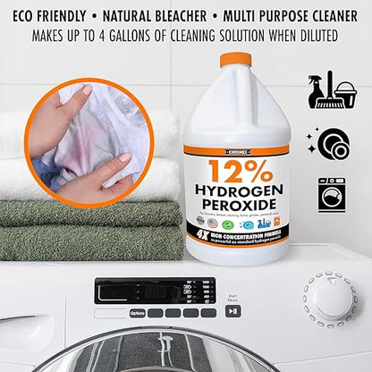 Hydrogen Peroxide 12 Percent Food Grade, 4X Power Concentrated Solution, Versatile Uses Include Topical Care, Home, Kitchen, Bath Cleaner, Laundry, Whitening, 8 Gallons