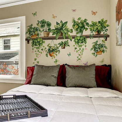 2 Sheets Potted Green Plants Wall Stickers & Murals Peel and Stick Removable Wall Decals Living Room Vinyl 3D Wall Stickers for Bedroom Bathroom Cabinet Vine Wall Clings Decor with Butterflies